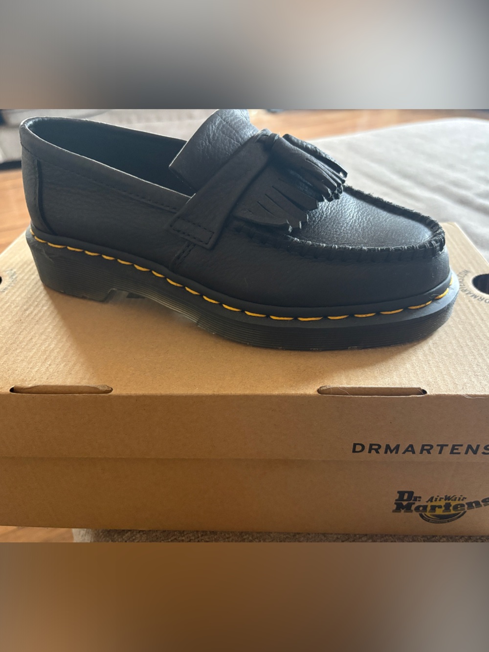 Dr. Martens Kids Black Leather Tassel Loafers with Yellow Stitching